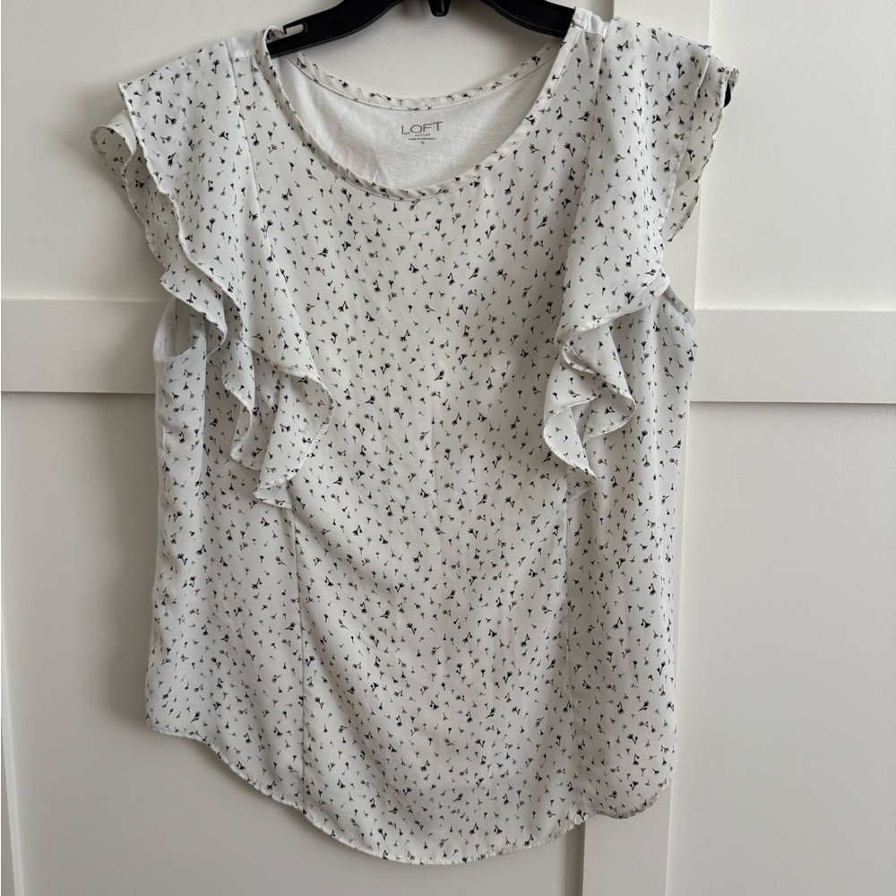 LOFT White Flutter Sleeve Blouse with Black Micro Print